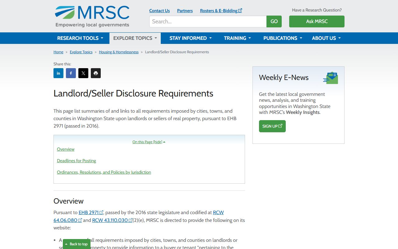 MRSC guide to Washington landlord and seller property disclosure requirements
