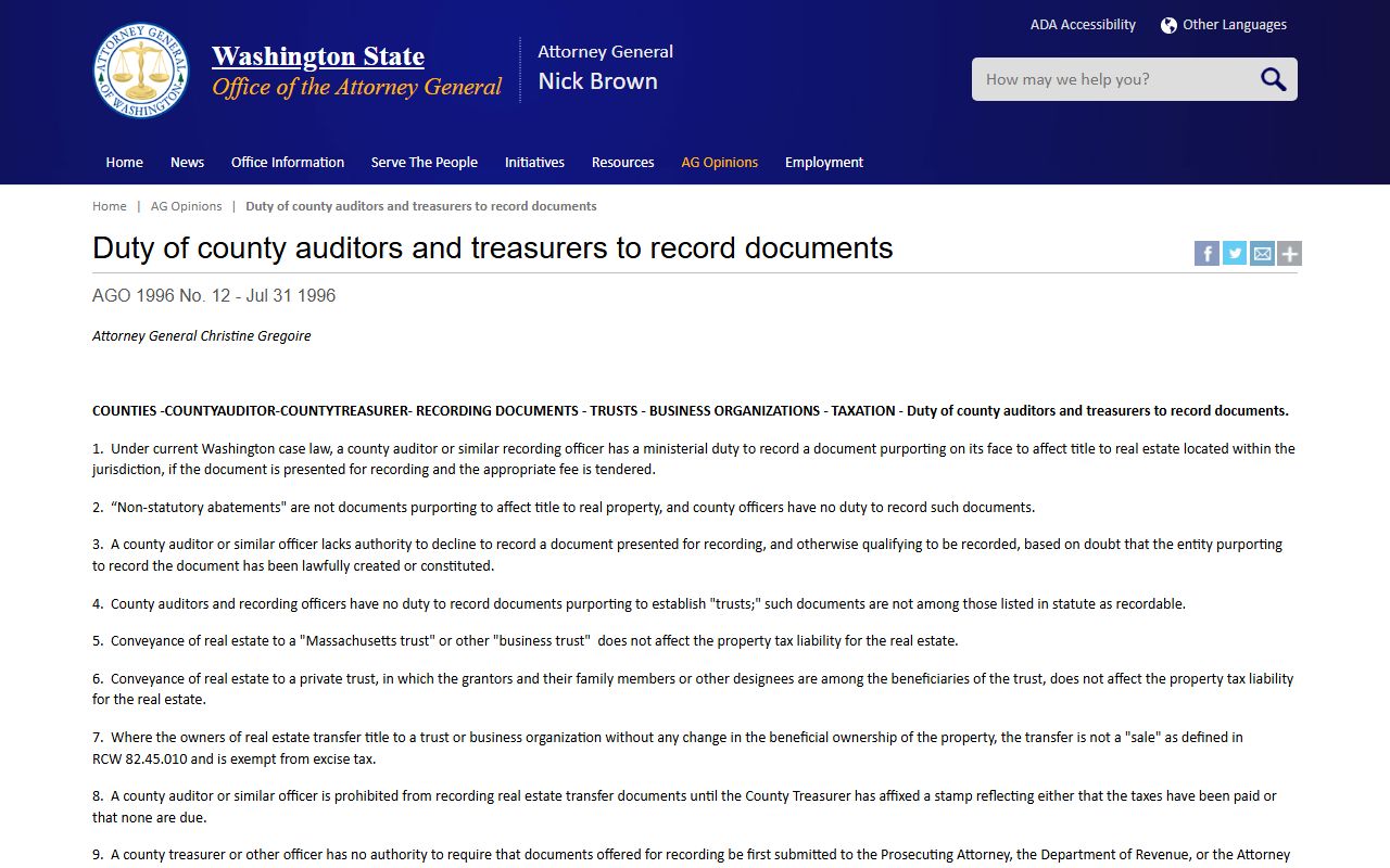 Washington Attorney General opinion on county auditor and treasurer recording duties for property records