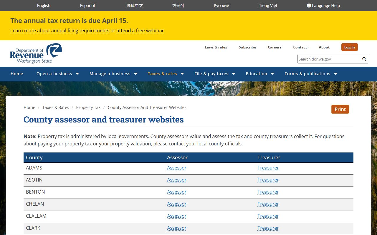 Washington property records county assessor and treasurer directory on the Department of Revenue website