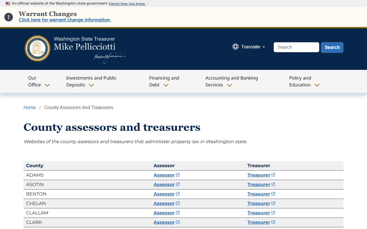 Washington State Treasurer website listing county assessors and treasurers for property records